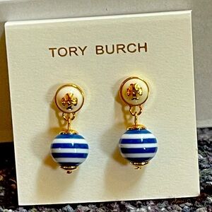 Tory Burch Pearl Logo Gold White Blue Stripe Drop Earrings Very Rare New